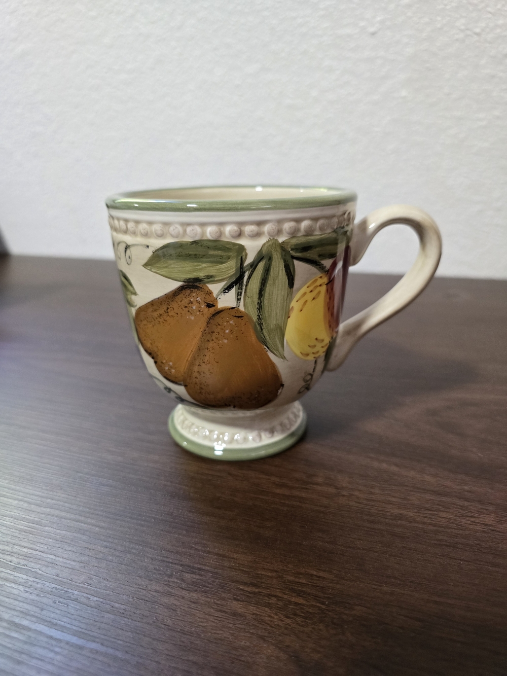 Decorative Ceramic Footed Mug in Green and Brown Fruit Motif